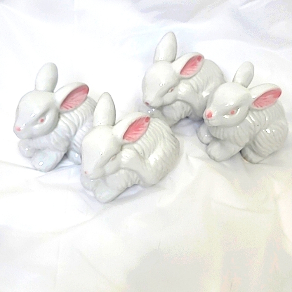 Set of 4 White Bunny Rabbits Pink eyes, ears, nose 3" H x 3" W Vintage Ceramic